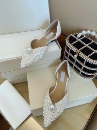 2024 summer new temperament pointed pearl sweet wind babes, single -shoes, hollow flat net red sandals female